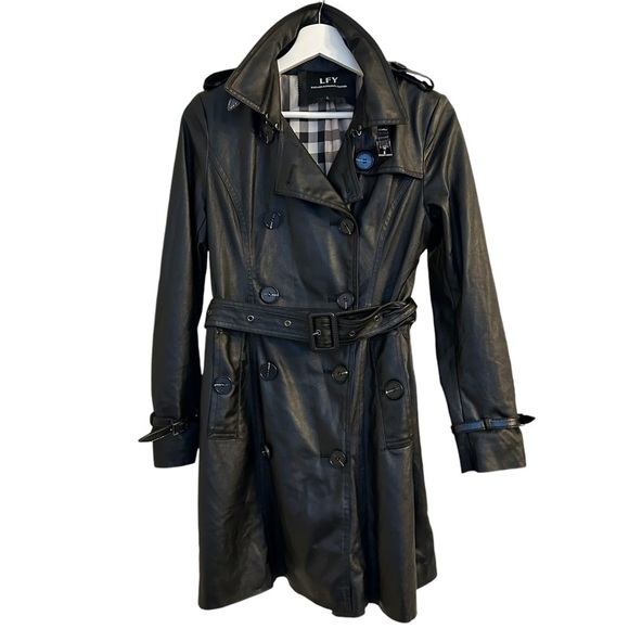 Women Faux Leather Trench Coat with Belt - Picture 6 of 13